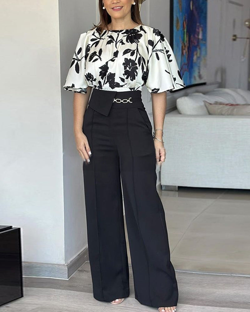 2 Pieces Outfit Floral Print Round Neck Bell Sleeve Satin Top and High Waist Wide Leg Work Pants Set