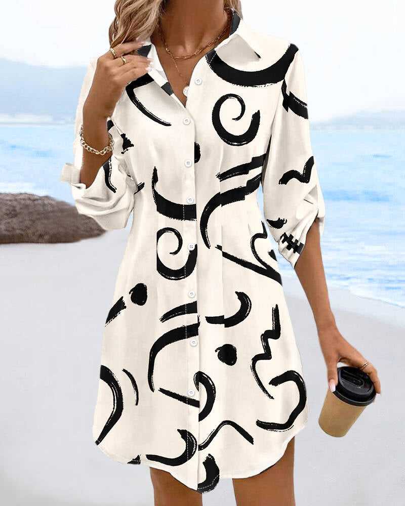 Abstract Print Turn-down Collar Turn-Up Sleeves Shirred Back Dress Casual Button Down Cinched Waist Curved Hem Shirt Dress