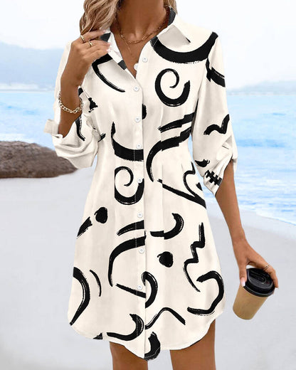 Abstract Print Turn-down Collar Turn-Up Sleeves Shirred Back Dress Casual Button Down Cinched Waist Curved Hem Shirt Dress