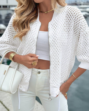 Chaqueta corta de punto para mujer con diseño calado, mangas tres cuartos, cuello de béisbol, cremallera y bajo con cordón