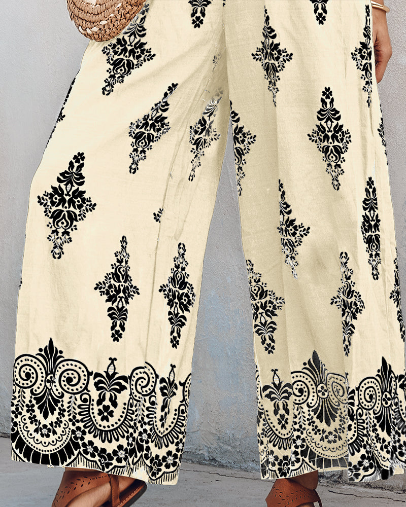 Graphic Print Square Neck Thick Strap Shirred Jumpsuit Wide Leg Overalls with Pockets
