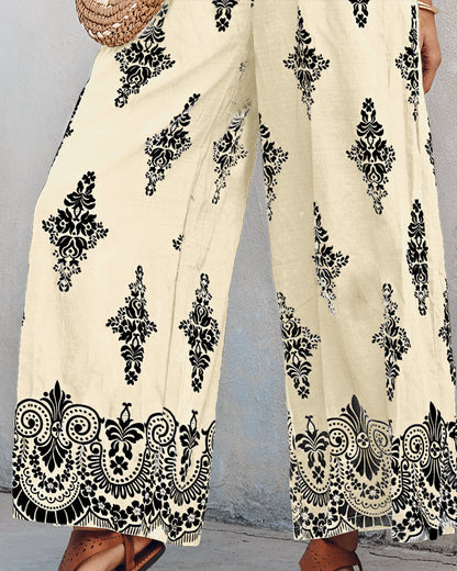 Graphic Print Square Neck Thick Strap Shirred Jumpsuit Wide Leg Overalls with Pockets