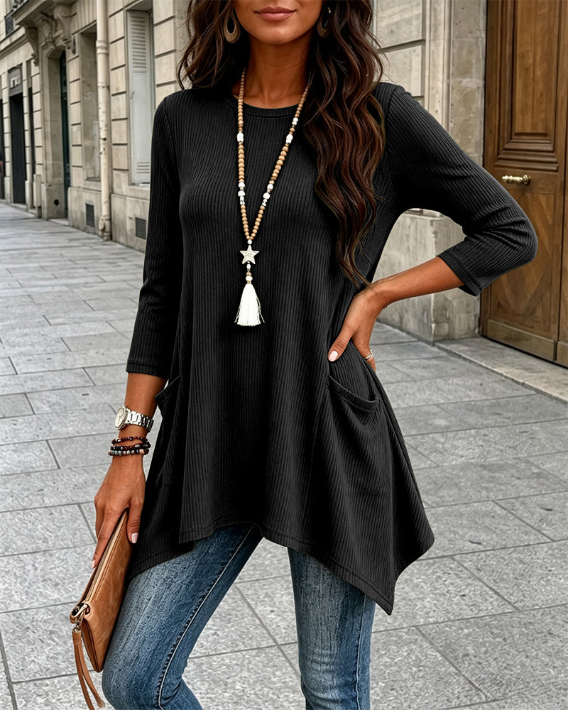 Women's Ribbed Asymmetrical Hem Top Crewneck Three Quarters Sleeve A-Line Casual Top