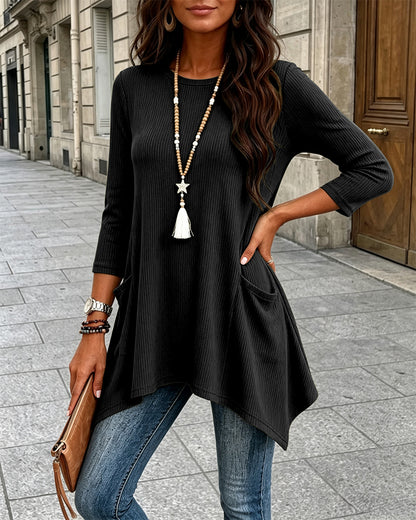 Women's Ribbed Asymmetrical Hem Top Crewneck Three Quarters Sleeve A-Line Casual Top