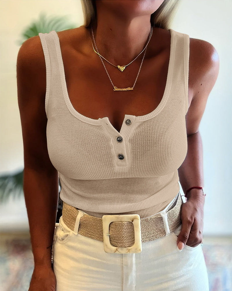 U-Neck Sleeveless Half Button Front Tank Slim Fit Backless Knit Waffle Tank Top