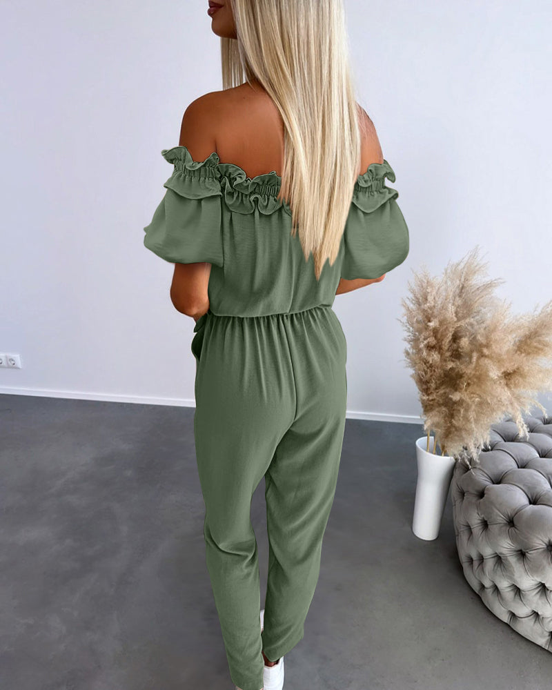 Off Shoulder Frill Hem Tied Detail Jumpsuit