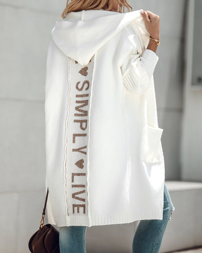 Letter Heart Pattern Long Cardigans Knitted Open Front Oversized Hooded Outerwear Sweater Coat