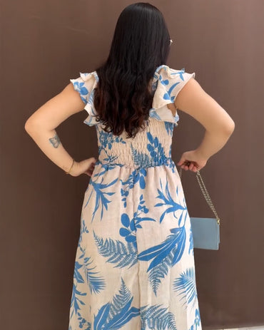 Tropical Plants Print Square Neck Flutter Sleeve Backless Maxi Dress Casual Shirred Back Cinched Waist Vacation Dress