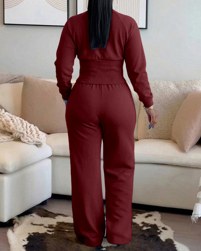 2 Pieces Outfit O-neck Long Sleeve Cinched Waist Sweatshirt and Elastic Waist Wide Leg Pants Set Casual Seam Design Sweatpants Set