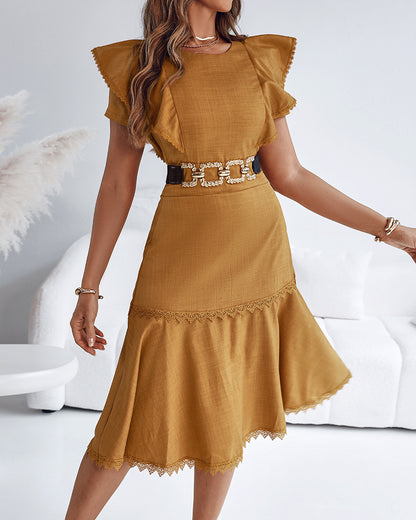 Butterfly Sleeve Hollow-out Back Shirred Work Dress Casual Cinched Waist Lace Trim Ruffle Hem Dress