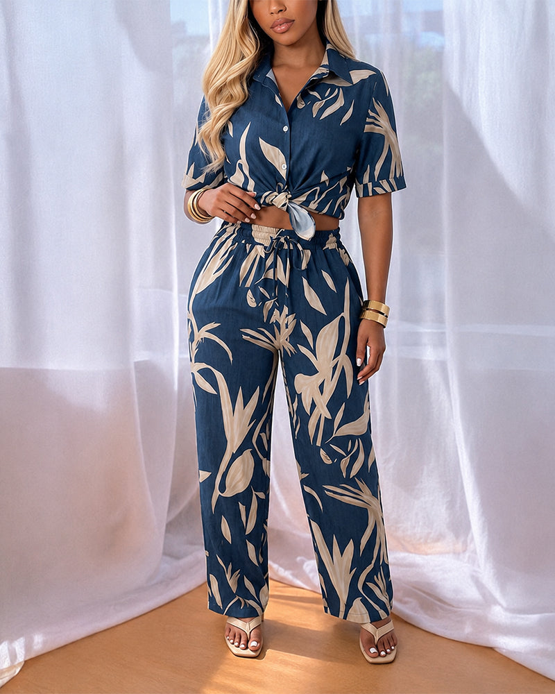 Women's 2 Piece Tropical Leaf Print Set Short Sleeve Button Down Shirt and Wide Leg Pants Vacation Outfits with Pockets