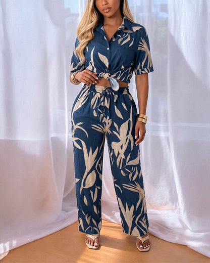 Women's 2 Piece Tropical Leaf Print Set Short Sleeve Button Down Shirt and Wide Leg Pants Vacation Outfits with Pockets