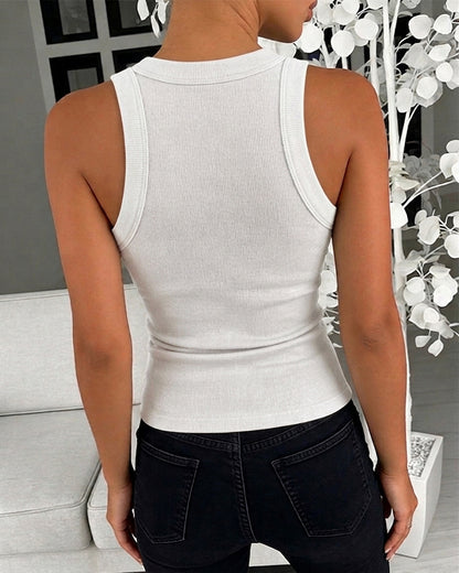 Rhinestone Decor O-neck Sleeveless Slim Fit Ribbed Tank Top