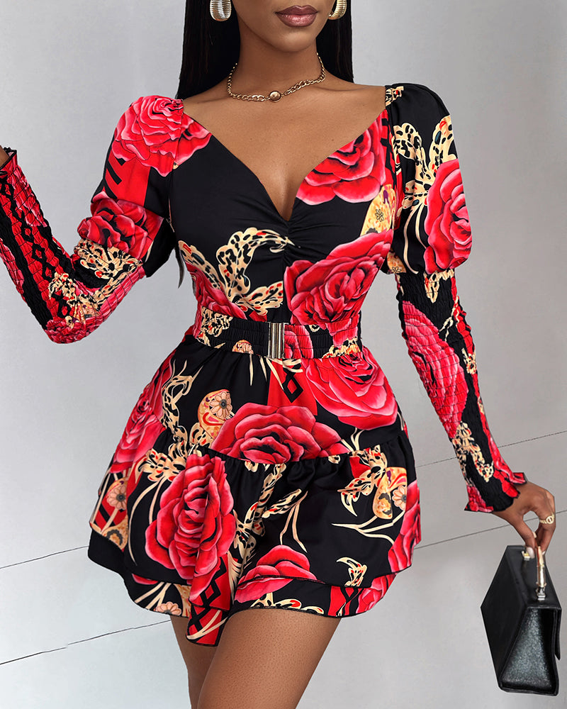 Floral Print Shirred Layered Dress