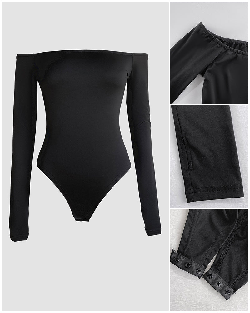Off Shoulder Long Sleeve Slim Fit Versatile Bodysuit with Thumb Hole Cuffs