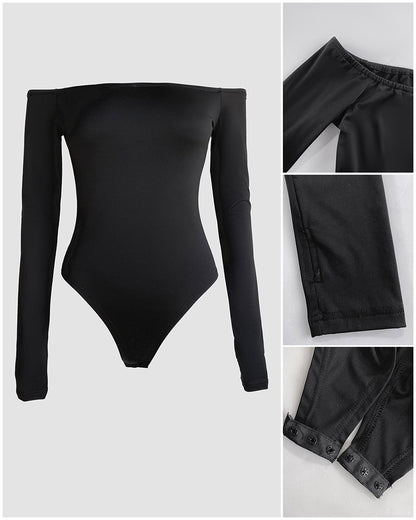 Off Shoulder Long Sleeve Slim Fit Versatile Bodysuit with Thumb Hole Cuffs