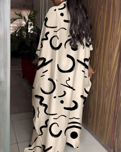 2 Pieces Outfit Batwing Sleeve Button Front Side Slit Longline Coat and Elastic Back Waist Wide Leg Pants Set Casual Abstract Print Satin Set