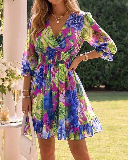 Floral Print Overlap V Neck Long Sleeve Shirred Waist Ruffle Hem Dress Casual Cinched Waist Flared Cuffs Chiffon Vacation Dress with Lining