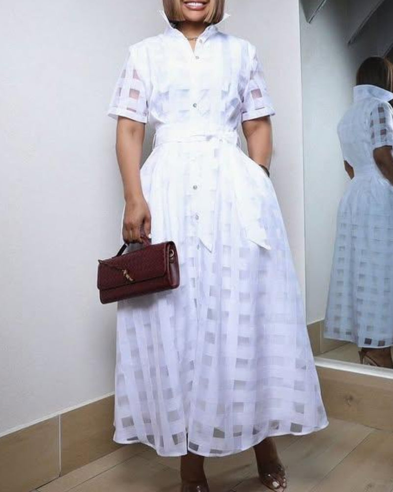 Turn Down Collar Plaid Mesh Double Layered Cinched Waist Maxi Dress Button Down Bow Tie Waist Commuting Dress