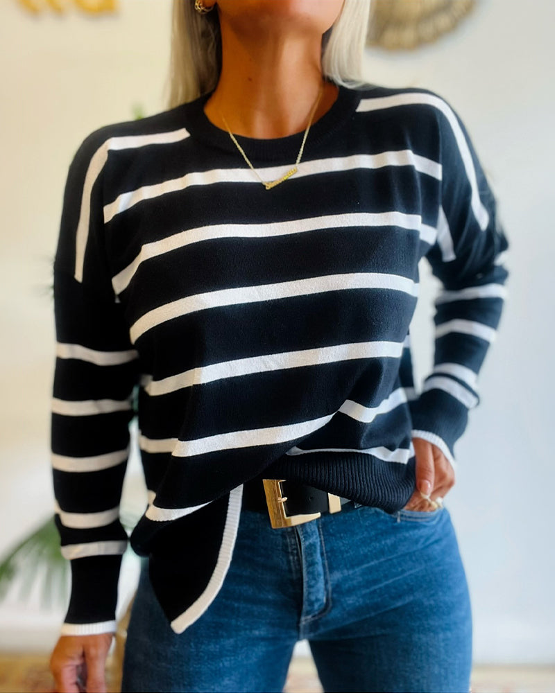 Women's Striped Drop Shoulder Sweater Casual Crewneck Long Sleeve Pullover