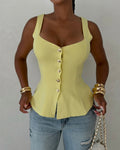 Women's Square Neck Knit Tank Top Gold Button Cinch Waist Peplum Vest