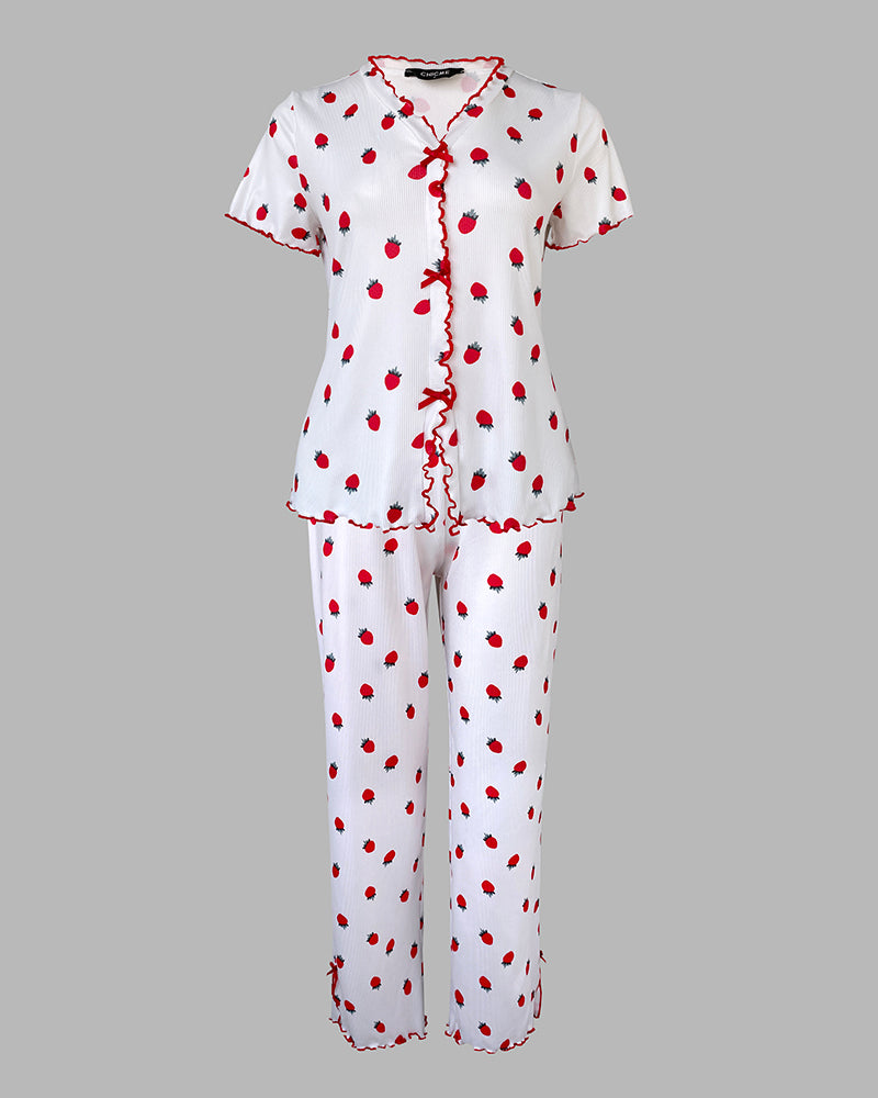 2 Pieces Outfit Strawberry Print Stand Collar Short Sleeve T-shirt and Pants Pajamas Set