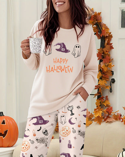 2 Pieces Outfit HAPPY HALLOWEEN Slogan & Graphic Print Long Sleeve Top and Graphic Print Elastic Waist Pants Set Casual Pajamas Set