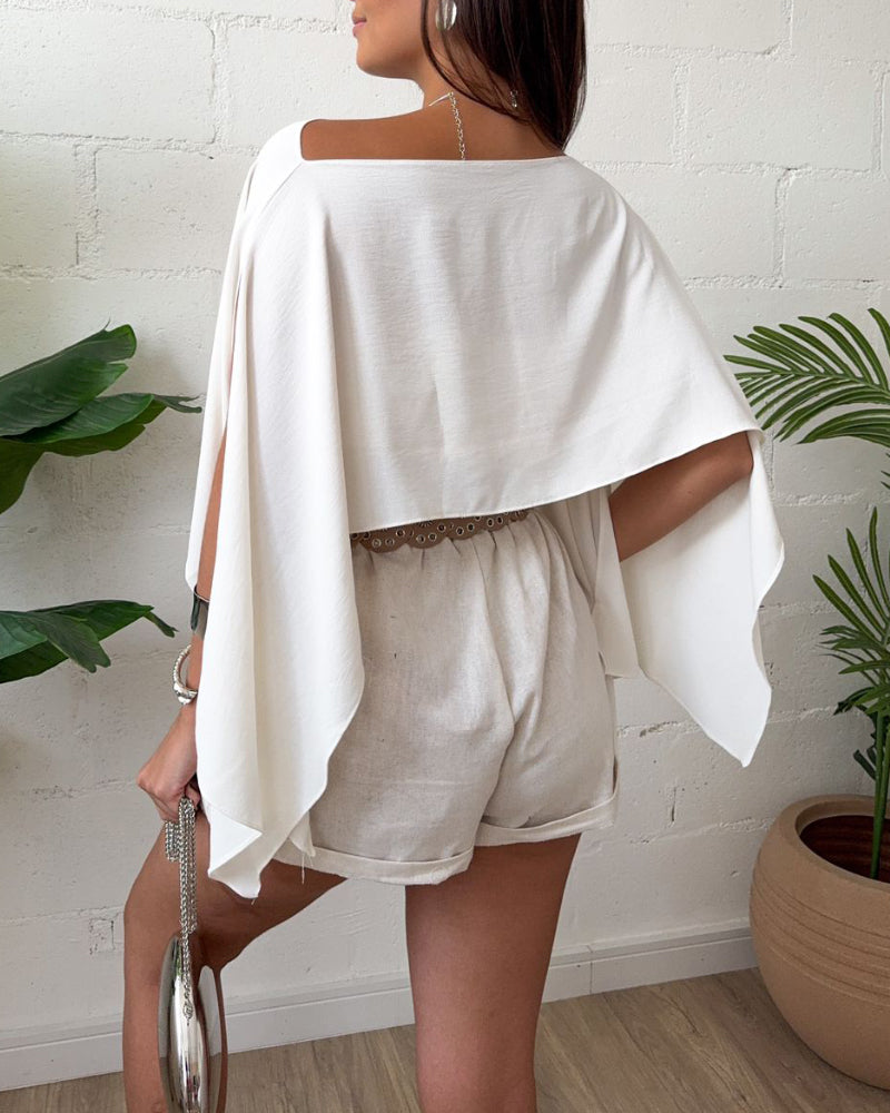 Solid Color Off Shoulder Split Sleeve Versatile Crop Blouse with Elastic Hem Bandeau Top
