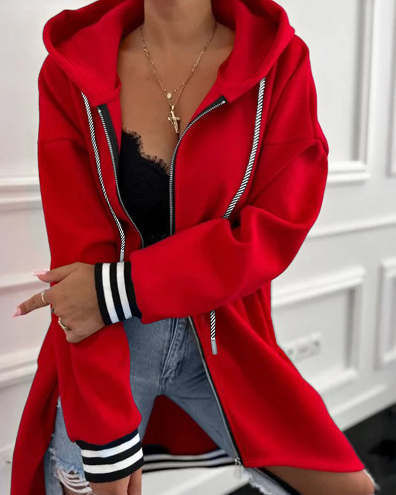 Striped Cuffs Pockets Design Zipper Front Drawstring Hoodie Jacket Casual Drop Shoulder Asymmetrical Hem Mid-length Coat