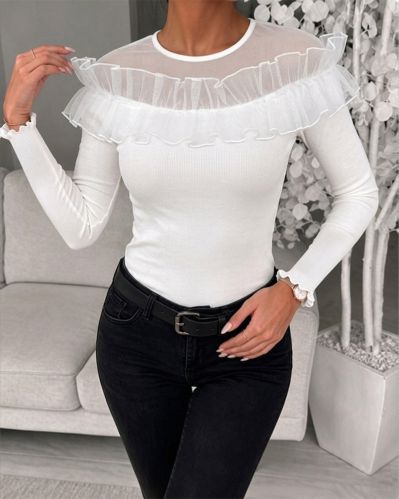 Women's Ruffle Sheer Mesh Spliced Long Sleeve Ribbed Knit Top