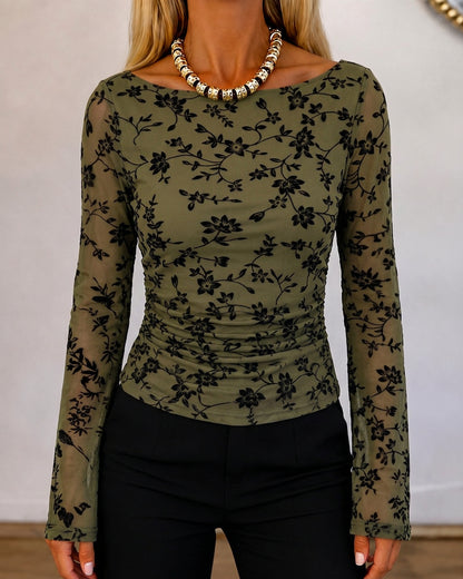 Women's Vintage Flocked Floral Mesh Top Boat Neck Ruched Flare Long Sleeve Tee
