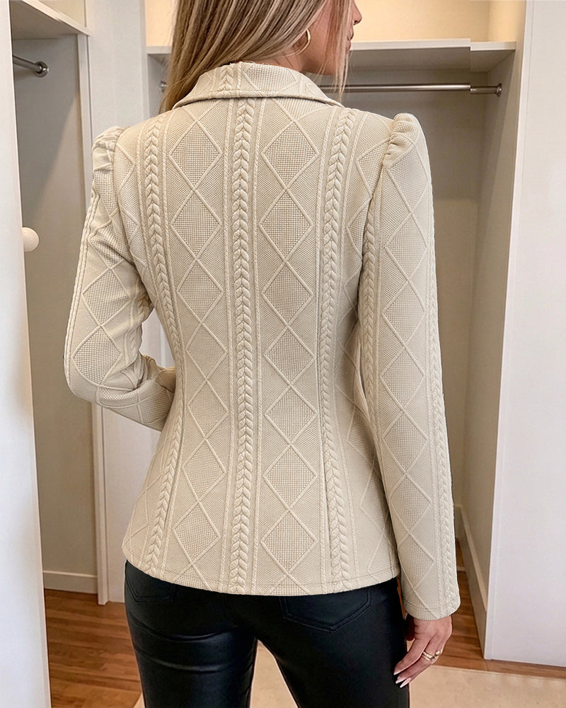 Women's Elegant Argyle Textured Blazer Slim Fit Puff Sleeve Suit Jacket Gold Button Work Office Commuter Blazer with Pockets