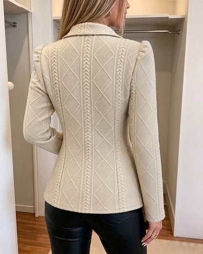 Women's Elegant Argyle Textured Blazer Slim Fit Puff Sleeve Suit Jacket Gold Button Work Office Commuter Blazer with Pockets