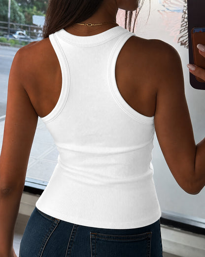 Women's Pearls Rhinestone Knit Racerback Tank Top Ribbed Crewneck Sleeveless Top