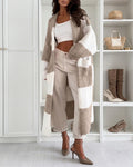 Women's Checkerboard Knit Cardigan Oversized Long Chunky Sweater Loose Lantern Sleeve Coat with Pockets
