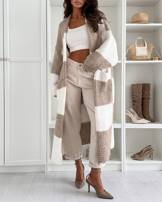 Women's Checkerboard Knit Cardigan Oversized Long Chunky Sweater Loose Lantern Sleeve Coat with Pockets