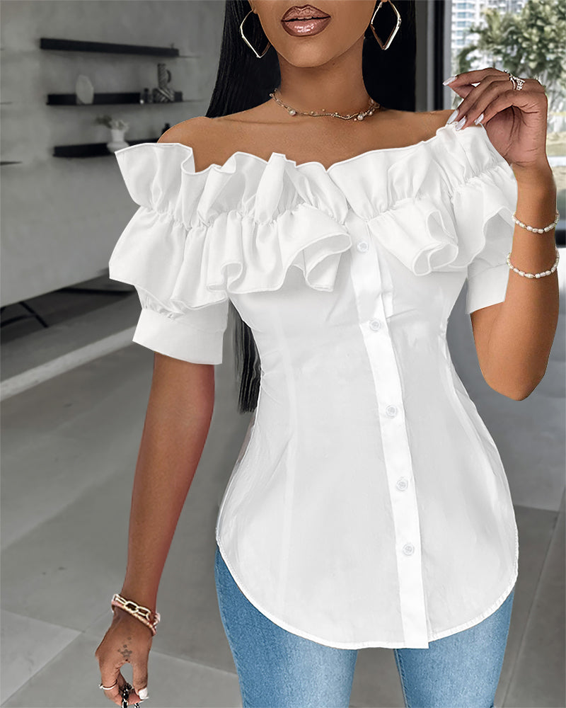 Off the Shoulder Short Sleeve Blouses Asymmetrical Button Ruffles Blouses