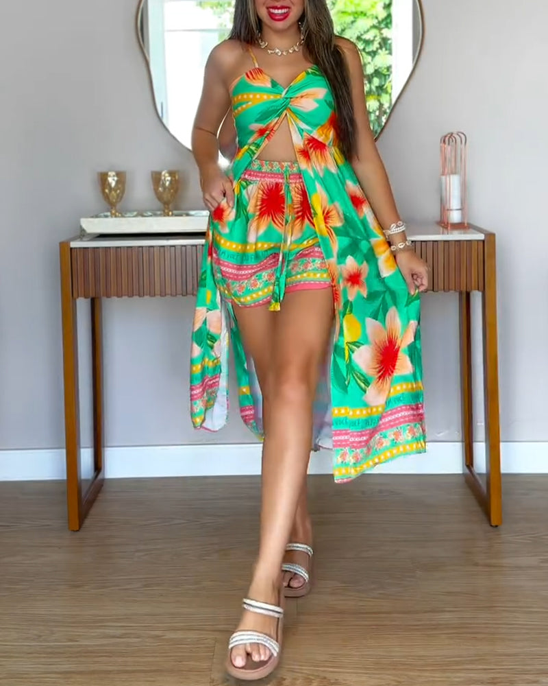 2 Pieces Outfit Adjustable Spaghetti Straps Twist Front Shirred Back High Slit Hem Longline Top and Elastic Waist Tie Front Shorts Set Casual Floral Print Vacation Set