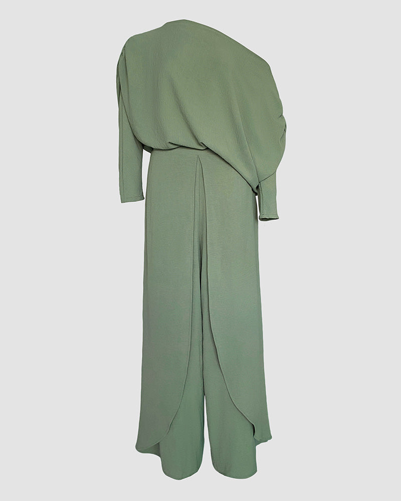 2 Pieces Outfit Cold Shoulder Ruched Batwing Sleeve Top and Casual Elastic Back Wrapped Slit Wide Leg Pants Set