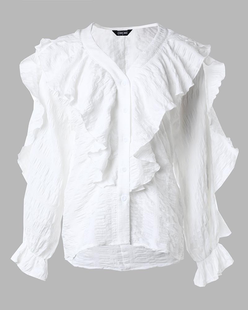 Ruffle Hem Long Sleeve Textured Blouse