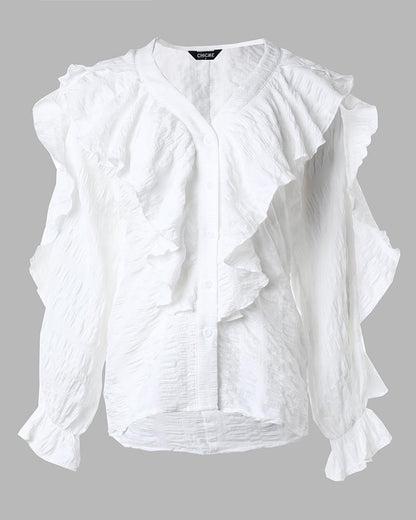 Ruffle Hem Long Sleeve Textured Blouse