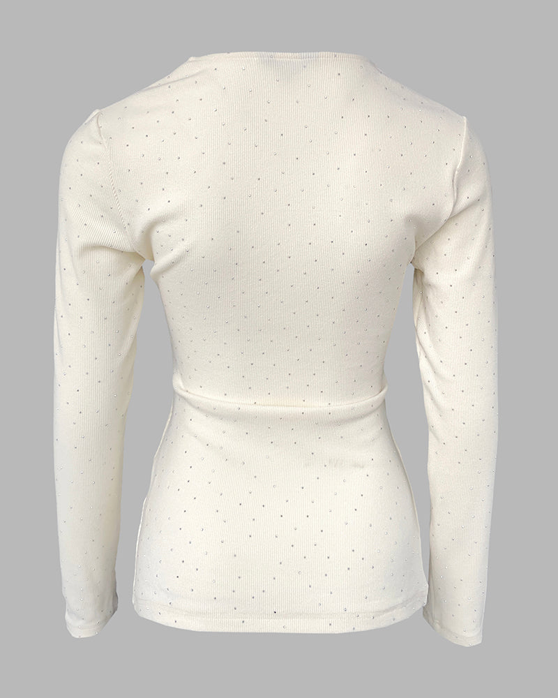 V-Neck Twisted Rhinestone Decor Top Slim Fit Pullover Ribbed Blouse