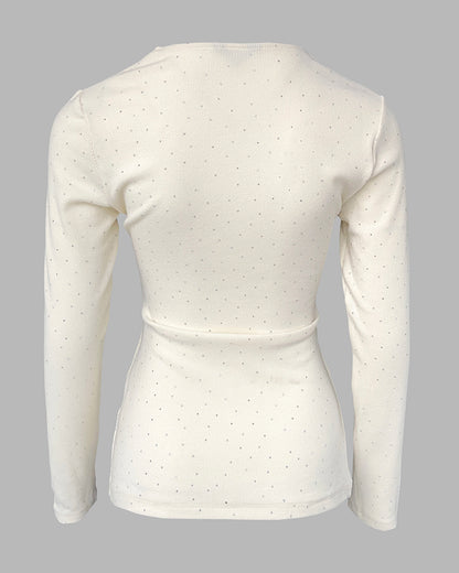 V-Neck Twisted Rhinestone Decor Top Slim Fit Pullover Ribbed Blouse