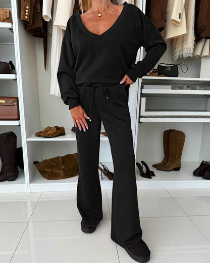 2 Pieces Outfit Plunge V Neck Pullover Sweatshirt and Casual Drawstring Waist Wide Leg Pants Set