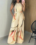 Women's Elegant Ink Floral Print Wide Leg Jumpsuit Casual Sleeveless Vacation Overalls with Belt