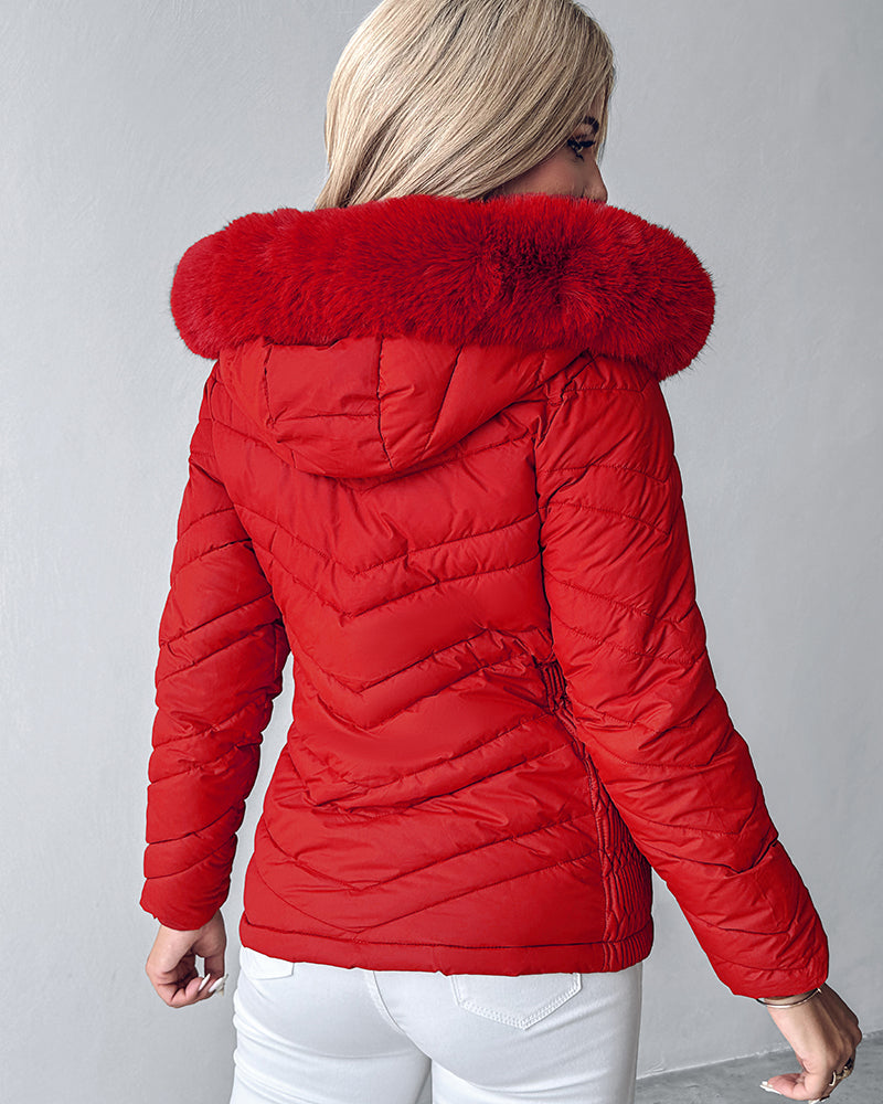 Zipper Pocket Design Shirred Fuzzy Trim Fleece Lined Hooded Puffer Jacket