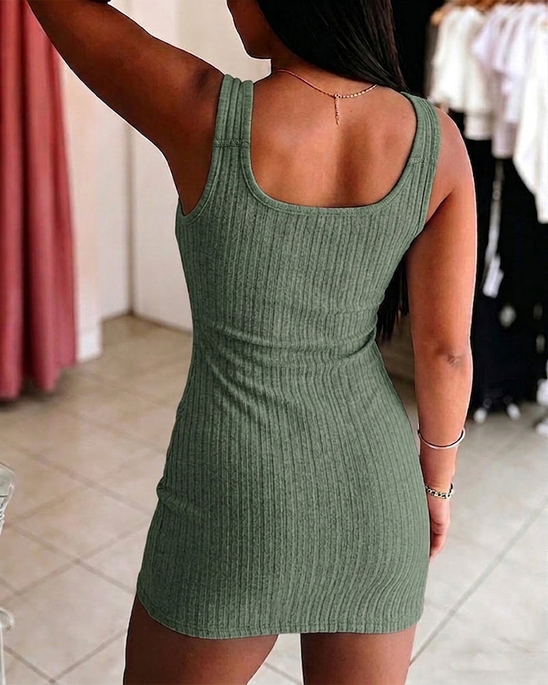Women's Square Neck Mini Dress Ribbed Knit Sleeveless Tank Dress Gold Heart Button Backless Bodycon Party Dress