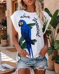 Tropical Animal & Plants Letter Print O-neck Short Sleeve Tee Casual Rolled Cuffs Top