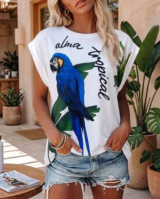 Tropical Animal & Plants Letter Print O-neck Short Sleeve Tee Casual Rolled Cuffs Top
