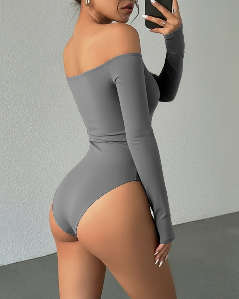 Off Shoulder Long Sleeve Slim Fit Versatile Bodysuit with Thumb Hole Cuffs
